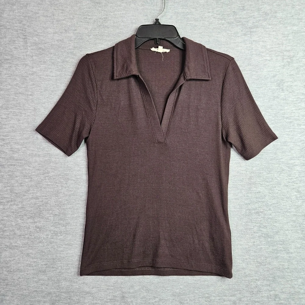 Madewell Womens Top M Brown Ribbed Collared V Neck Short Sleeve Casual